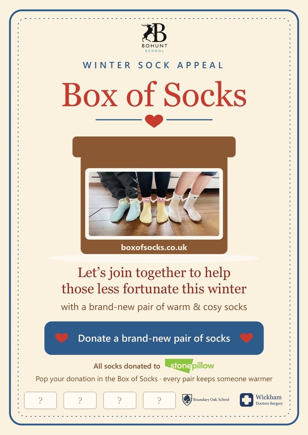 The Box of Socks winter sock appeal poster for Bohunt School, with Boundary Oak, Wickham Doctors Surgery and four schools still to be revealed