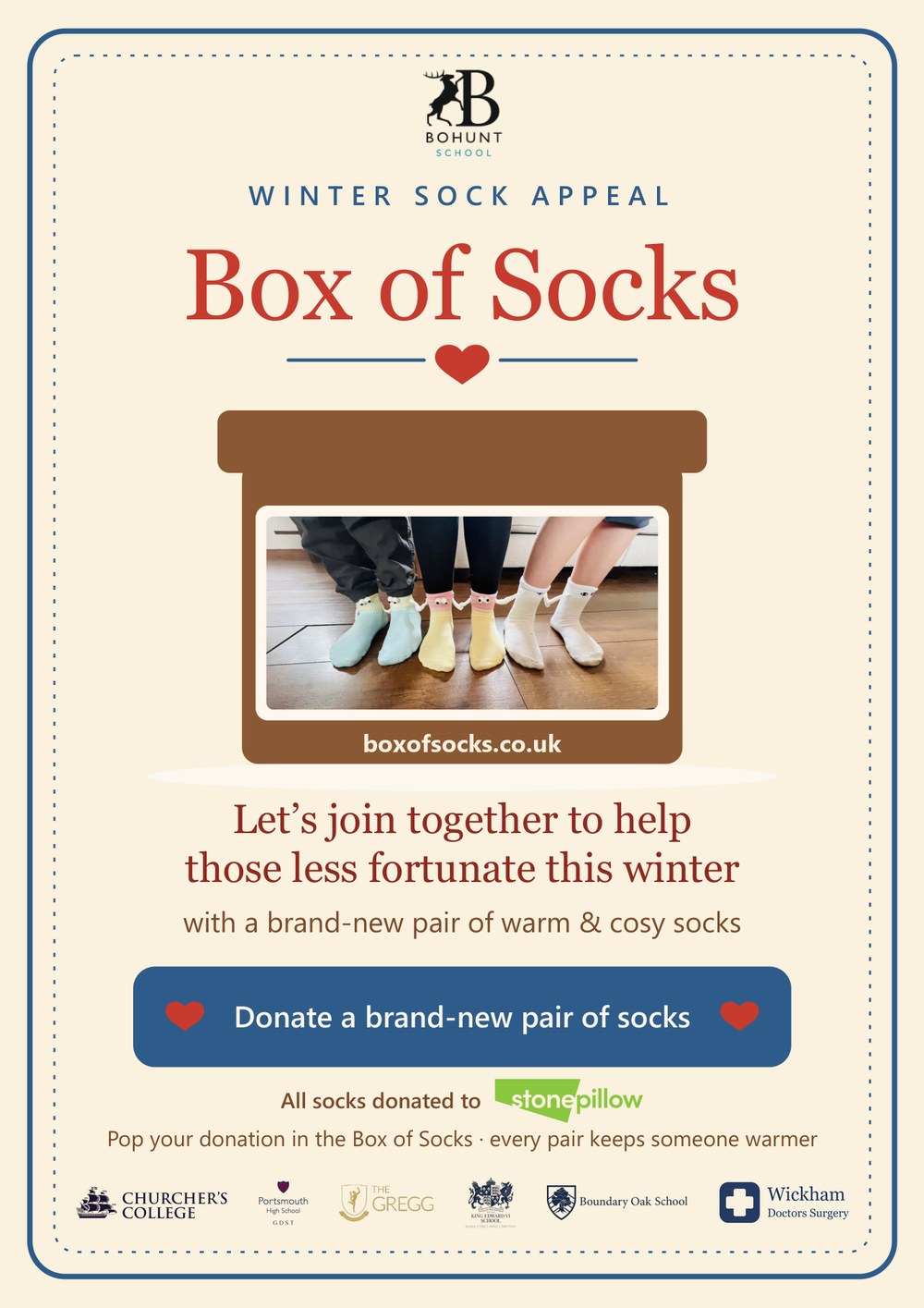 The Box of Socks winter sock appeal poster for Bohunt School, with the logos of all six schools and Wickham Doctors Surgery